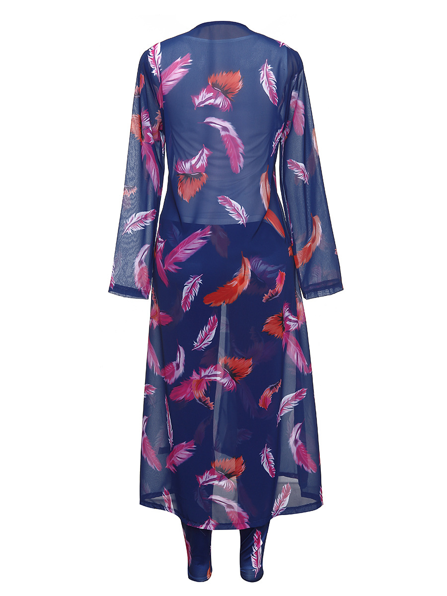 3 Pcs Women Fashion Feather digital printing cloak and bottom pants casual suit sets