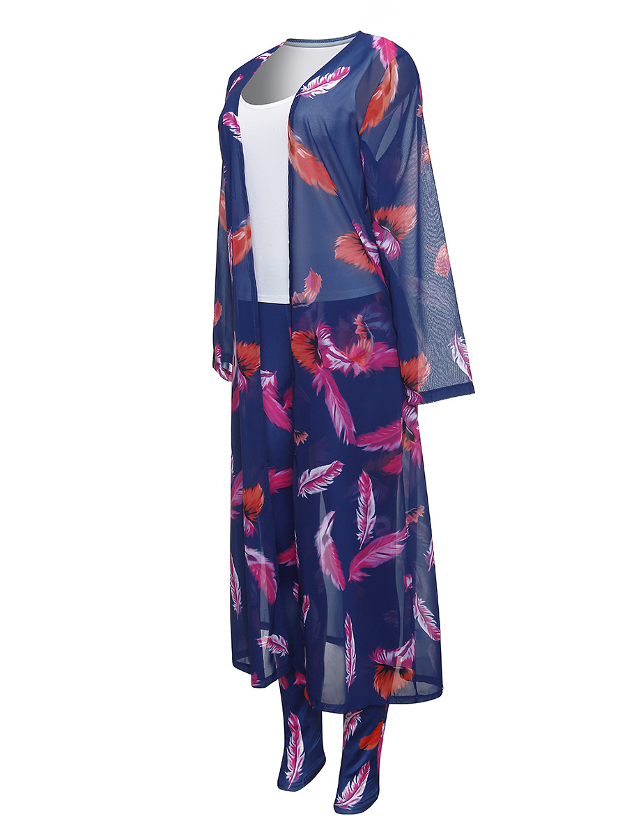 3 Pcs Women Fashion Feather digital printing cloak and bottom pants casual suit sets