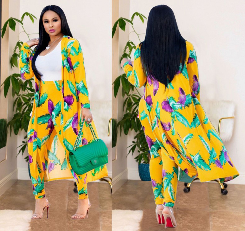 3 Pcs Women Fashion Feather digital printing cloak and bottom pants casual suit sets