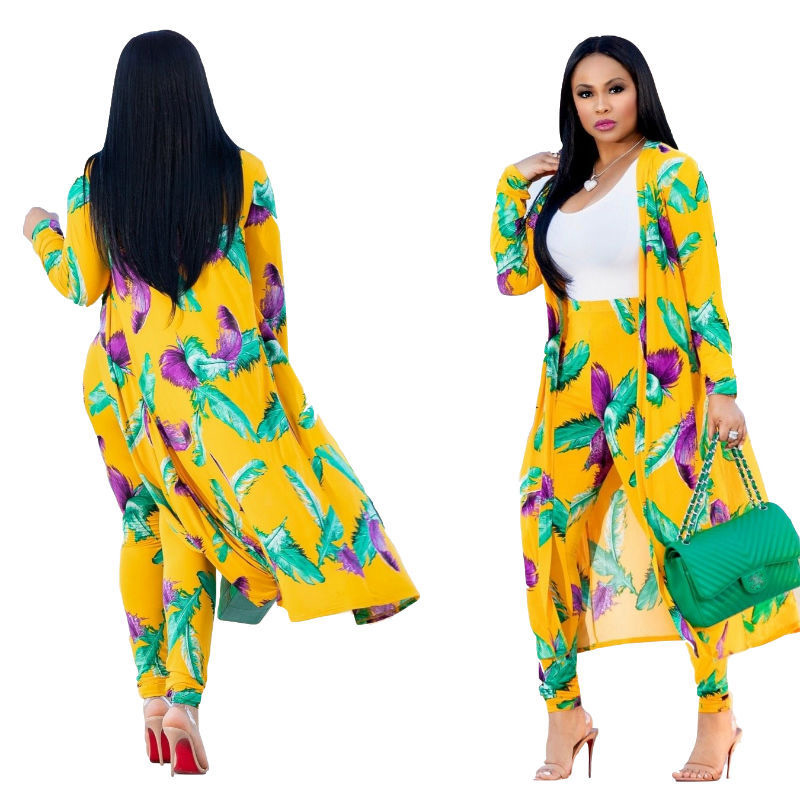 3 Pcs Women Fashion Feather digital printing cloak and bottom pants casual suit sets