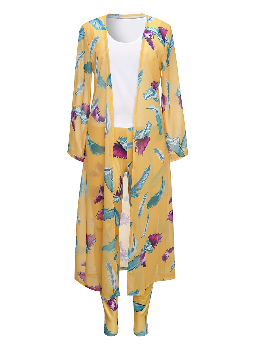 3 Pcs Women Fashion Feather digital printing cloak and bottom pants casual suit sets