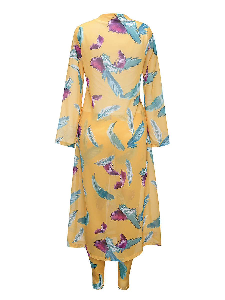 3 Pcs Women Fashion Feather digital printing cloak and bottom pants casual suit sets