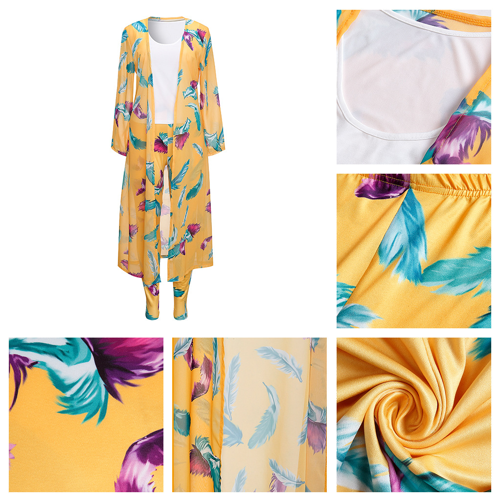 3 Pcs Women Fashion Feather digital printing cloak and bottom pants casual suit sets