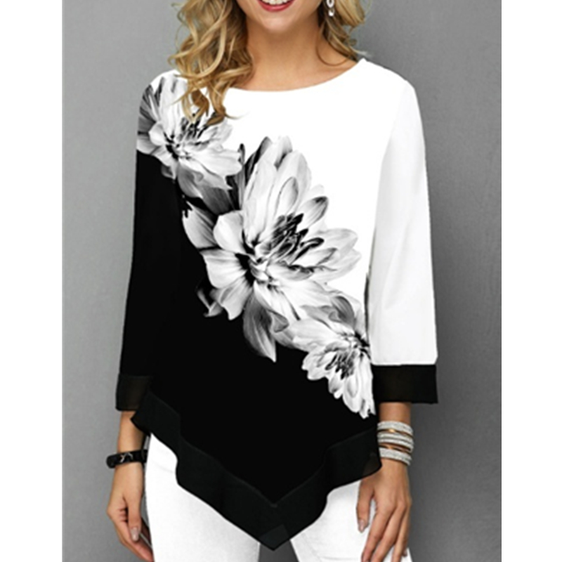Women‘s Fashion Autumn O-Neck Flower Printed T-Shirt Long Sleeve Casual Shirt Loose Ladies Tops