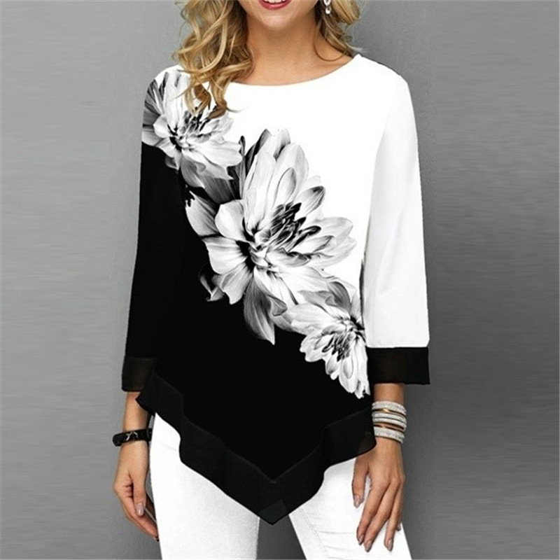 Women‘s Fashion Autumn O-Neck Flower Printed T-Shirt Long Sleeve Casual Shirt Loose Ladies Tops