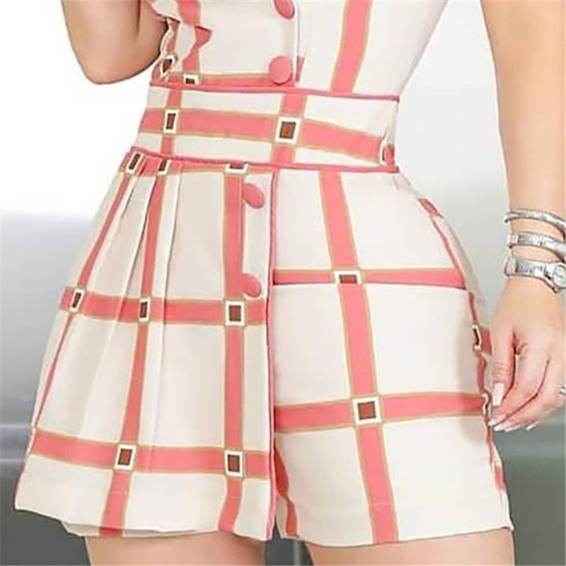 Summer Women Sexy Fashion Sleeveless Grid Print Buttoned Romper Slim Ladies Jumpsuits High Quality