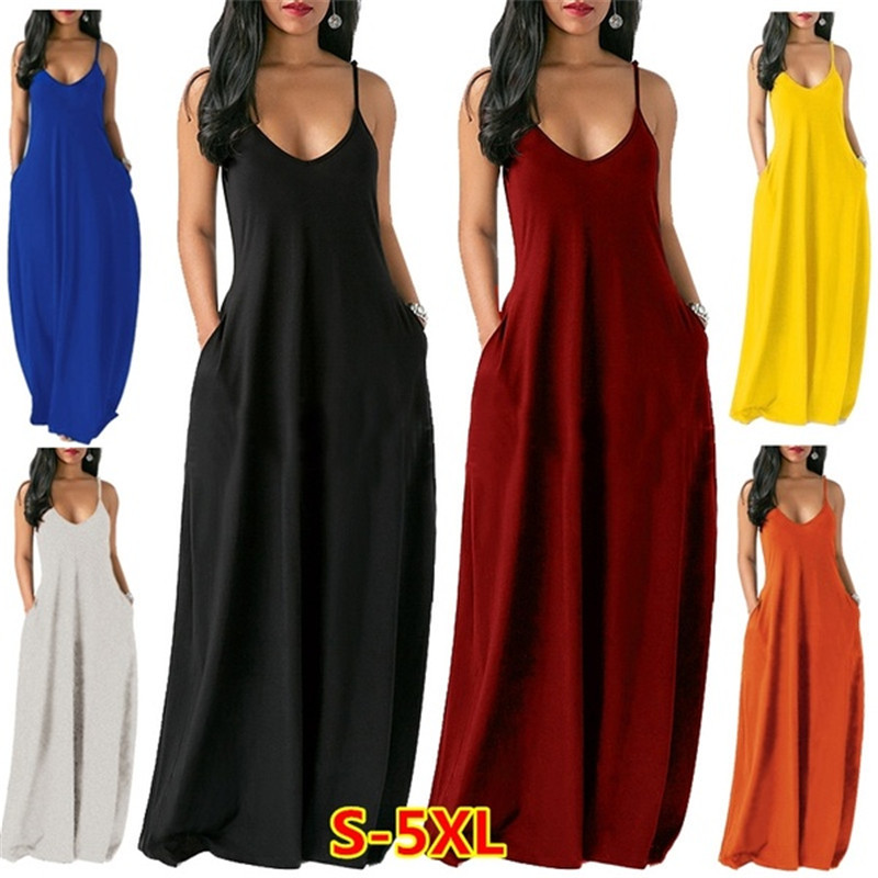 Women's Fashion Summer Loose Sleeveless Pockets Solid Color Maxi Dress Casual Dress Plus Size