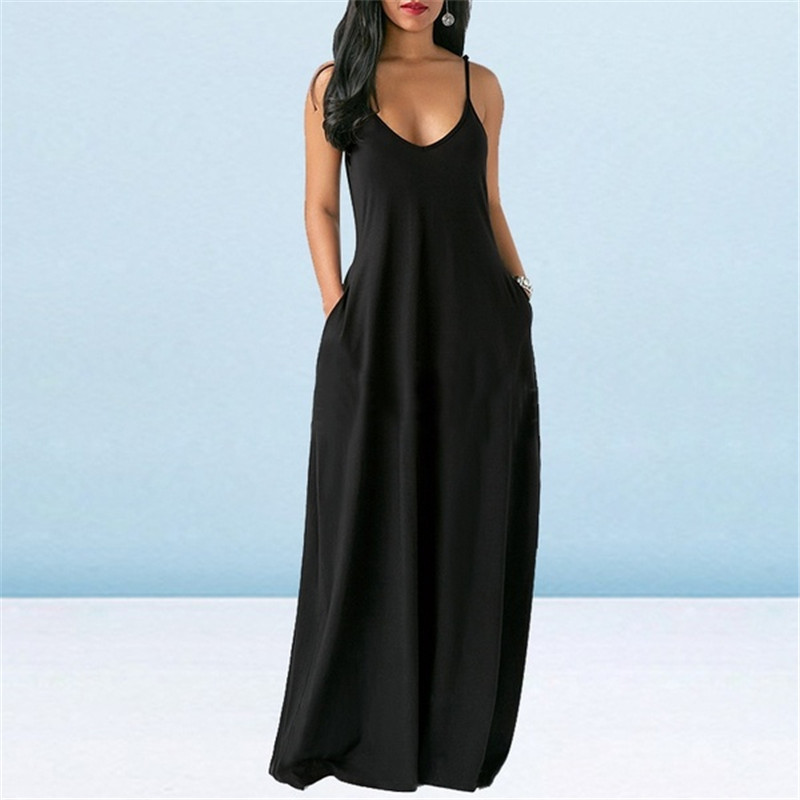 Women's Fashion Summer Loose Sleeveless Pockets Solid Color Maxi Dress Casual Dress Plus Size