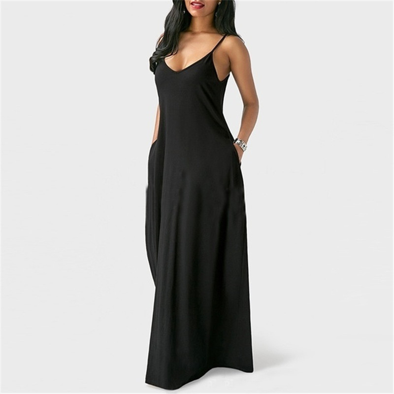 Women's Fashion Summer Loose Sleeveless Pockets Solid Color Maxi Dress Casual Dress Plus Size