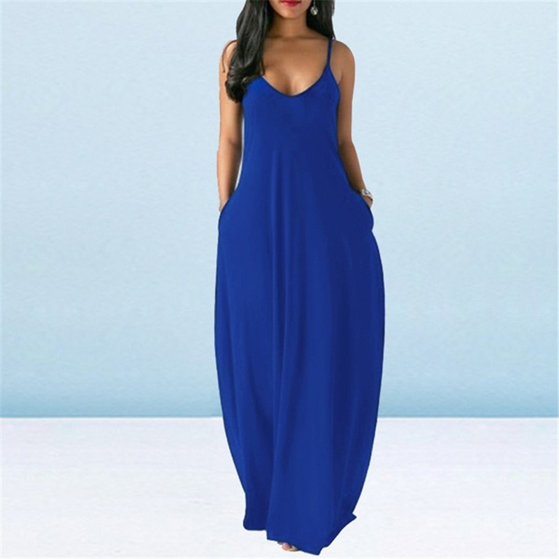 Women's Fashion Summer Loose Sleeveless Pockets Solid Color Maxi Dress Casual Dress Plus Size