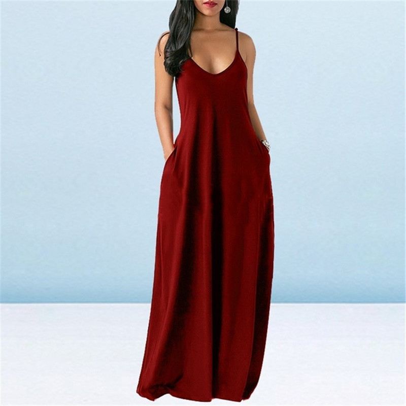 Women's Fashion Summer Loose Sleeveless Pockets Solid Color Maxi Dress Casual Dress Plus Size