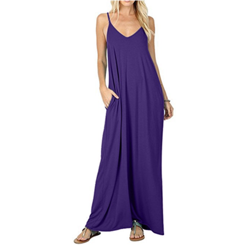 Women's Fashion Summer Loose Sleeveless Pockets Solid Color Maxi Dress Casual Dress Plus Size