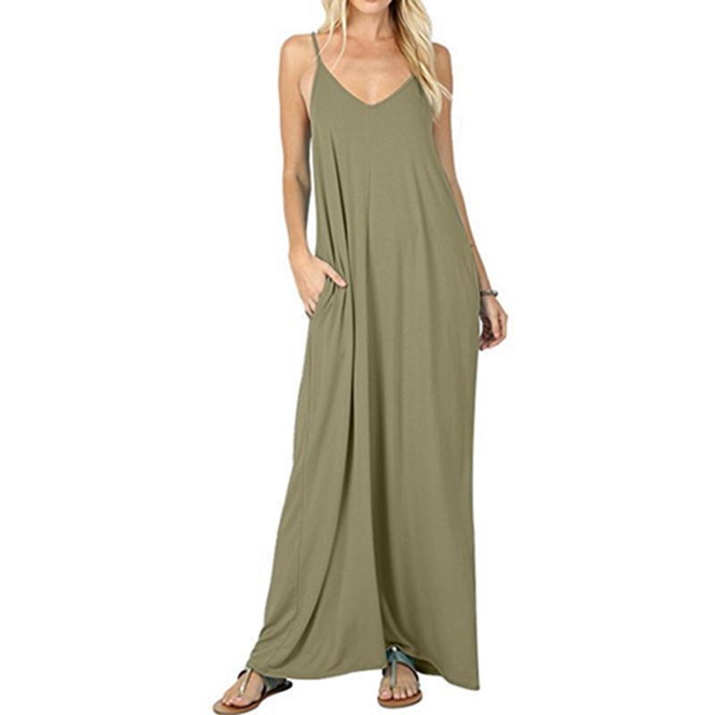Women's Fashion Summer Loose Sleeveless Pockets Solid Color Maxi Dress Casual Dress Plus Size