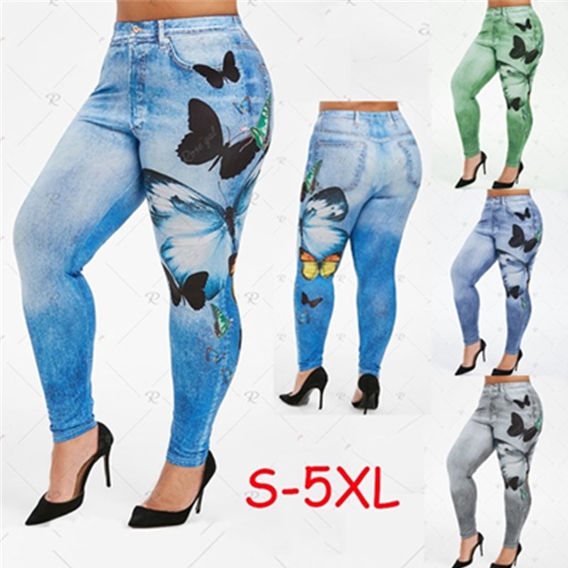 Hot New Women Fashion Plus Size Butterfly Print Skinny Jeggings Casual Faux Denim Jeans Long Pants