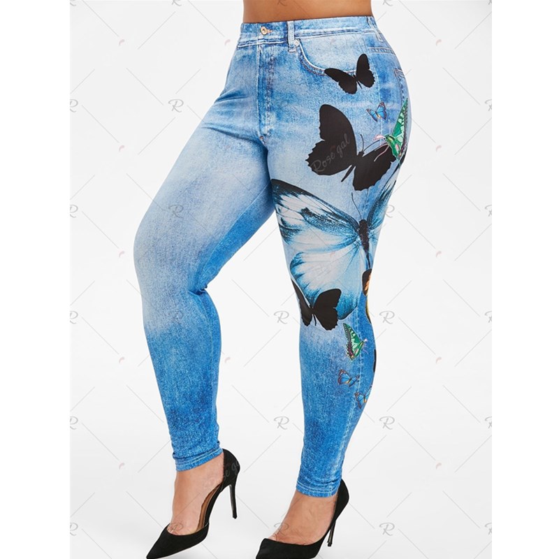 Hot New Women Fashion Plus Size Butterfly Print Skinny Jeggings Casual Faux Denim Jeans Long Pants