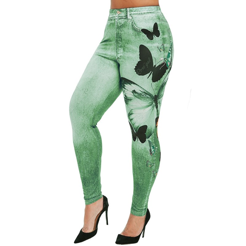 Hot New Women Fashion Plus Size Butterfly Print Skinny Jeggings Casual Faux Denim Jeans Long Pants