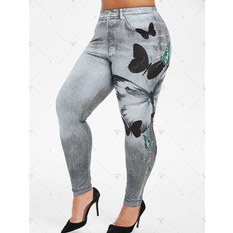 Hot New Women Fashion Plus Size Butterfly Print Skinny Jeggings Casual Faux Denim Jeans Long Pants