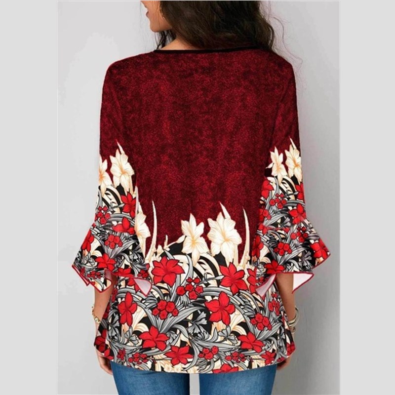 Black Friday Hot Sell Women Blouses Floral Print V Neck T-shirts Loose Long Sleeve Blouses