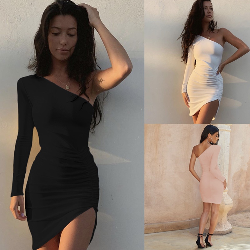 New Fashion Women's Dresses One-Shoulder Long Sleeve Irregular Drape Dress Sexy Elegant Ladies Dress