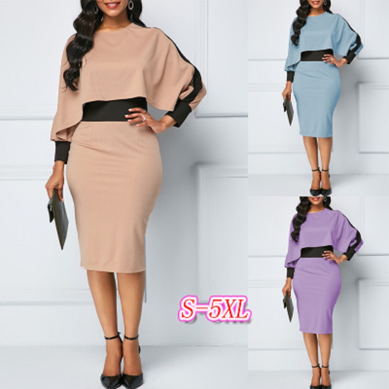 HS New Fashion Women's Dresses Elegant Sexy Slim Ladies Dress Long Sleeve O-Neck Bag Hip Dress