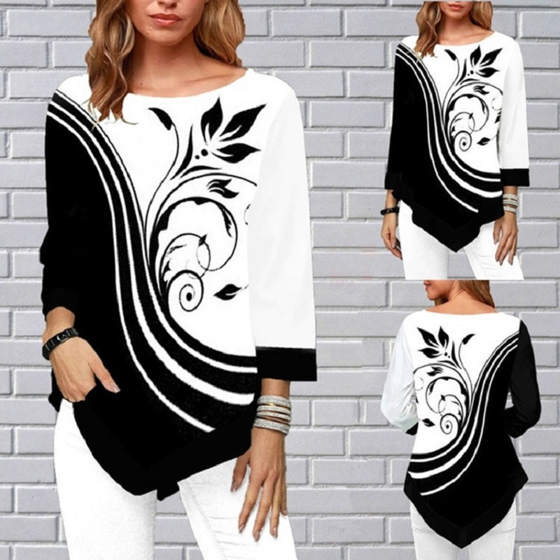 Women's Fashion Autumn Shirt Irregular Hem Long Sleeve T Shirt Casual O-Neck Ladies Tops Plus Size