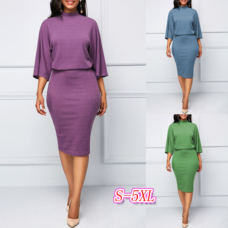 Elegant Women's Dresses O-Neck Seven Sleeve Bag Hip Dress Loose Show Thin Slim Fashion Dress