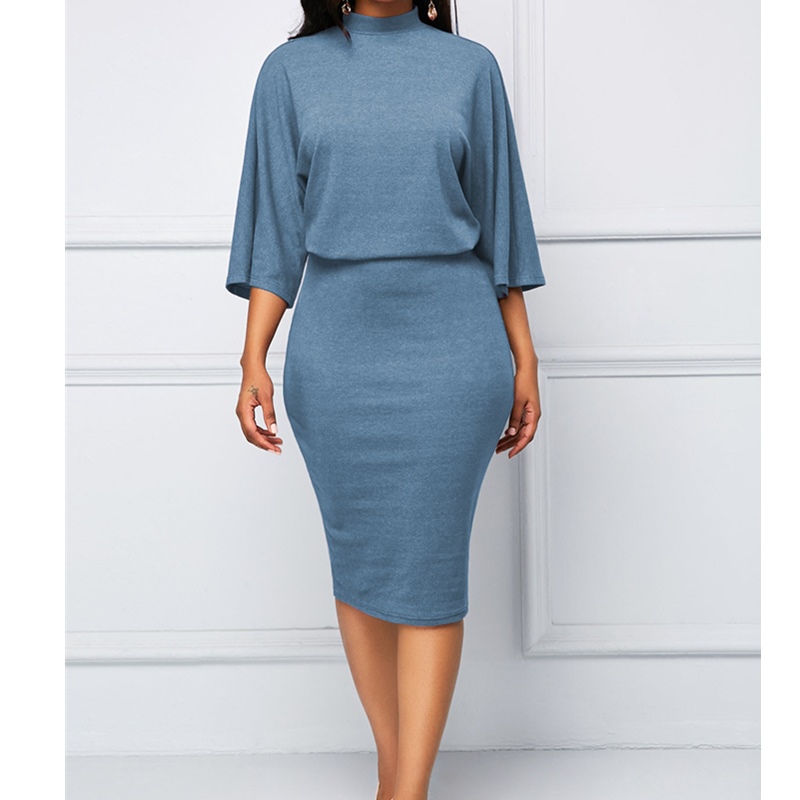 Elegant Women's Dresses O-Neck Seven Sleeve Bag Hip Dress Loose Show Thin Slim Fashion Dress