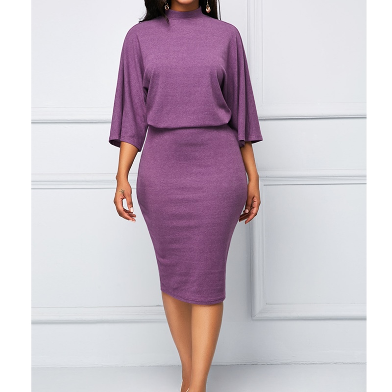 Elegant Women's Dresses O-Neck Seven Sleeve Bag Hip Dress Loose Show Thin Slim Fashion Dress