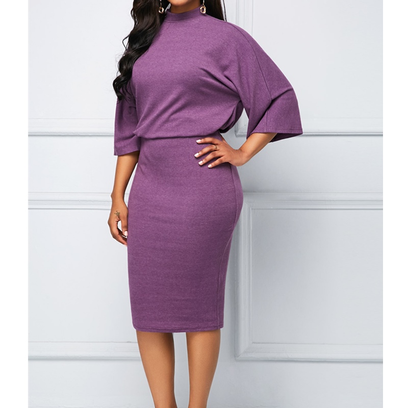 Elegant Women's Dresses O-Neck Seven Sleeve Bag Hip Dress Loose Show Thin Slim Fashion Dress