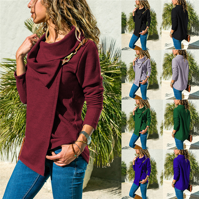 New autumn winter Large lapel Leather metal buckle Women Outer wear Long sleeve T-shirt Ladies Tops