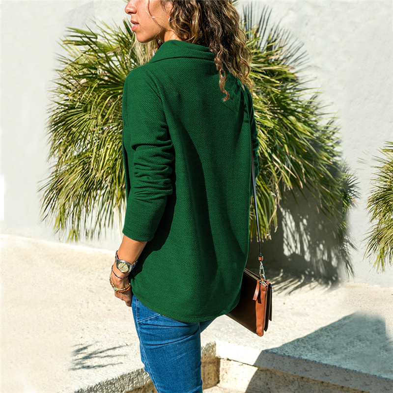 New autumn winter Large lapel Leather metal buckle Women Outer wear Long sleeve T-shirt Ladies Tops