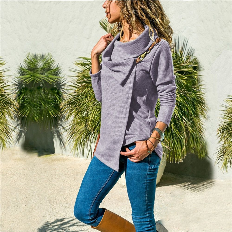 New autumn winter Large lapel Leather metal buckle Women Outer wear Long sleeve T-shirt Ladies Tops