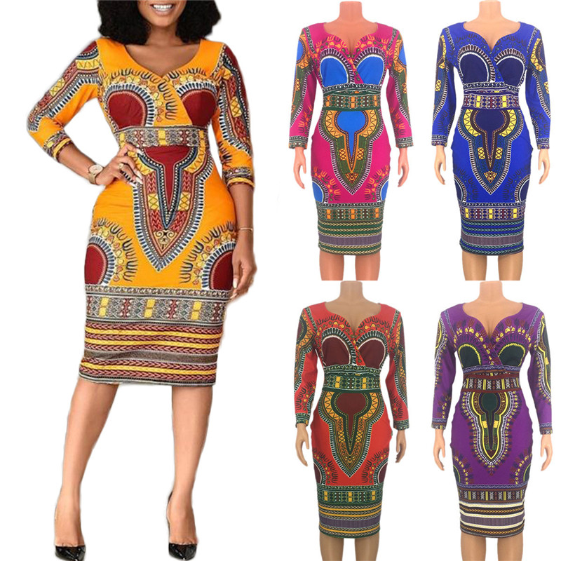 New Women's Dresses Sexy Elegant Slim Ladies Dress Ethnic Cropped Sleeve V-Neck Dress