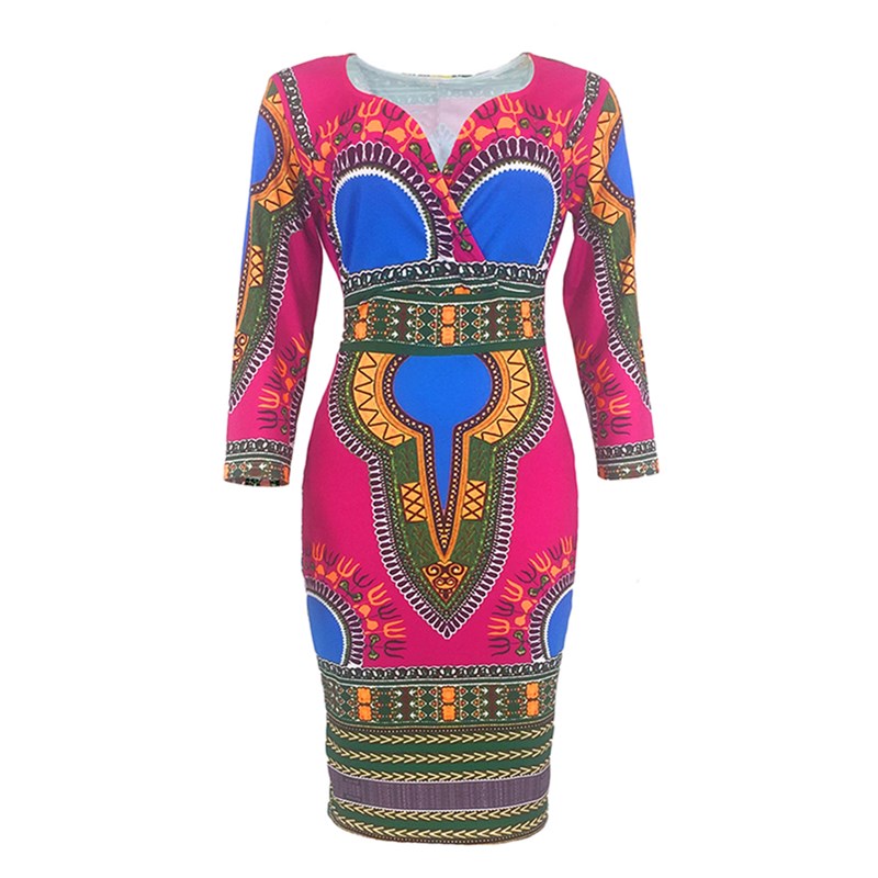 New Women's Dresses Sexy Elegant Slim Ladies Dress Ethnic Cropped Sleeve V-Neck Dress
