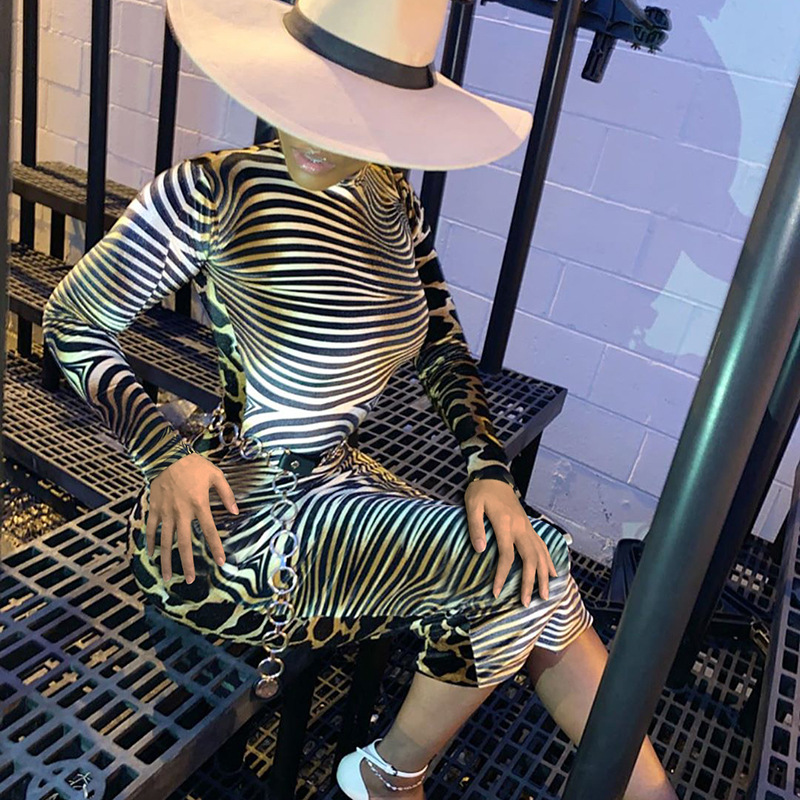 HS female dress Fashion Elegant new two-tone stitching leopard print long-sleeved Women dress