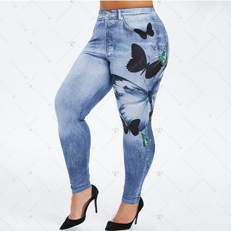 Hot New Women Fashion Plus Size Butterfly Print Skinny Jeggings Casual Faux Denim Jeans Long Pants