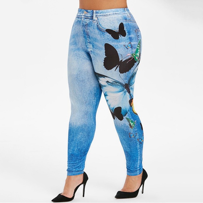 Hot New Women Fashion Plus Size Butterfly Print Skinny Jeggings Casual Faux Denim Jeans Long Pants