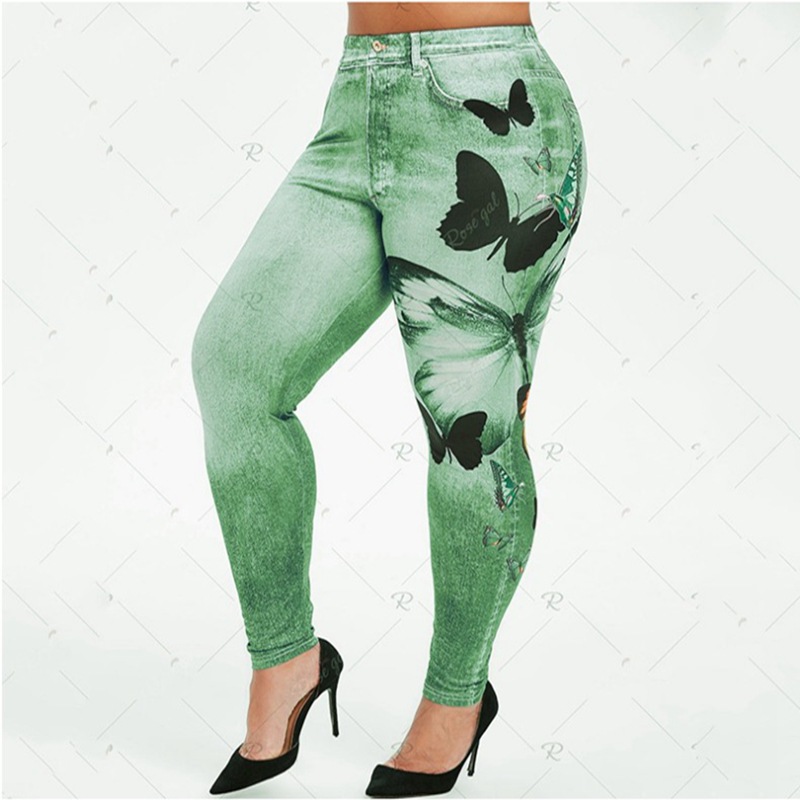 Hot New Women Fashion Plus Size Butterfly Print Skinny Jeggings Casual Faux Denim Jeans Long Pants