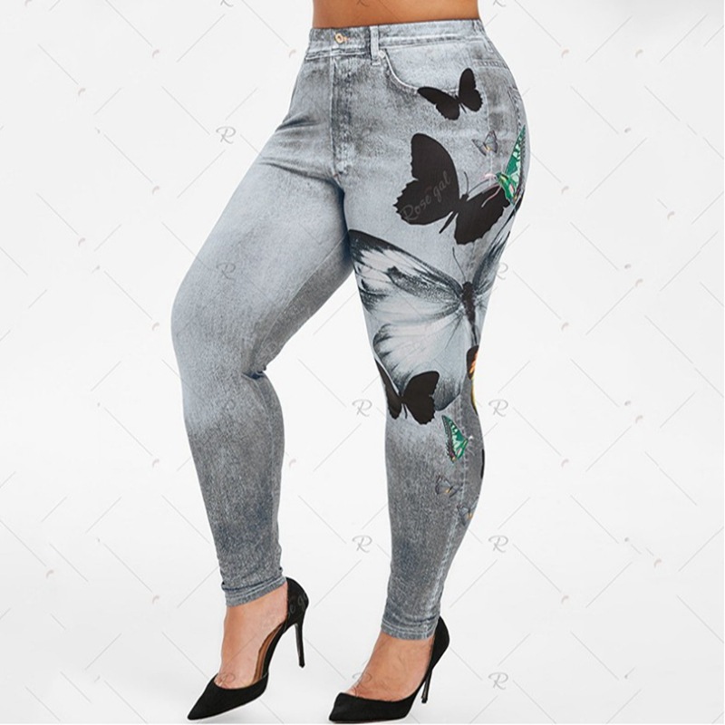 Hot New Women Fashion Plus Size Butterfly Print Skinny Jeggings Casual Faux Denim Jeans Long Pants