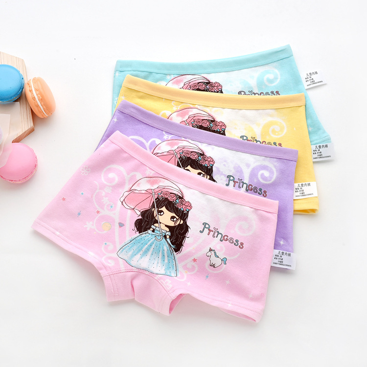 4 Pcs/pack Children Cotton Underwear Baby Girl Cartoon Printed Boxer Briefs Panties 1-11 Yrs