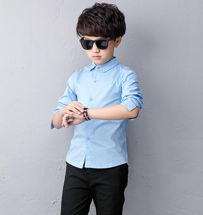 Boy Cotton Long-sleeved Shirt Children Wear Casual Tops Solid Color Teenage Boys Blouses 2-14 Yrs