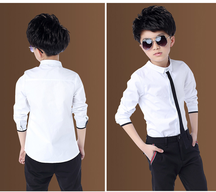 Boy's Shirts Classic Solid White Tops Cotton Long Sleeve Shirt for 2-14 Yrs Children Clothes