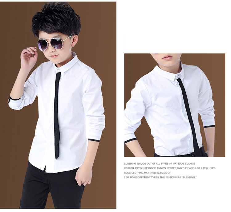 Boy's Shirts Classic Solid White Tops Cotton Long Sleeve Shirt for 2-14 Yrs Children Clothes