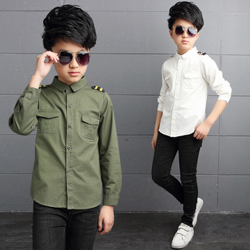 Boy Cotton Long-sleeved Shirt Fashion Tops Children Clothing Solid Color Kids Outerwear 2-14 Yrs