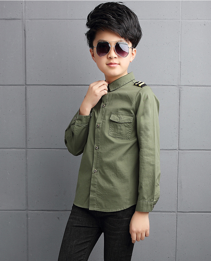 Boy Cotton Long-sleeved Shirt Fashion Tops Children Clothing Solid Color Kids Outerwear 2-14 Yrs