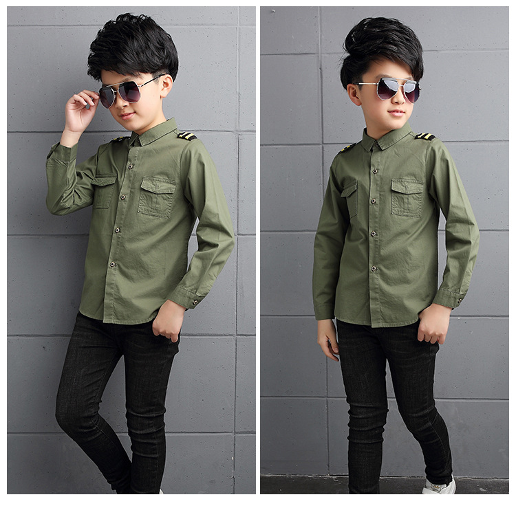Boy Cotton Long-sleeved Shirt Fashion Tops Children Clothing Solid Color Kids Outerwear 2-14 Yrs