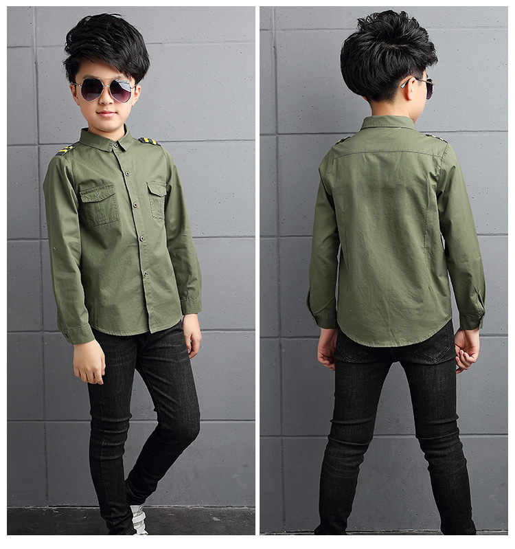 Boy Cotton Long-sleeved Shirt Fashion Tops Children Clothing Solid Color Kids Outerwear 2-14 Yrs