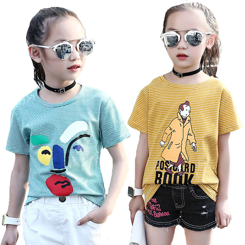 Children Summer Striped T-Shirts For Girls Clothing Cartoon Smiling Face Kids Tees 4-12 Years