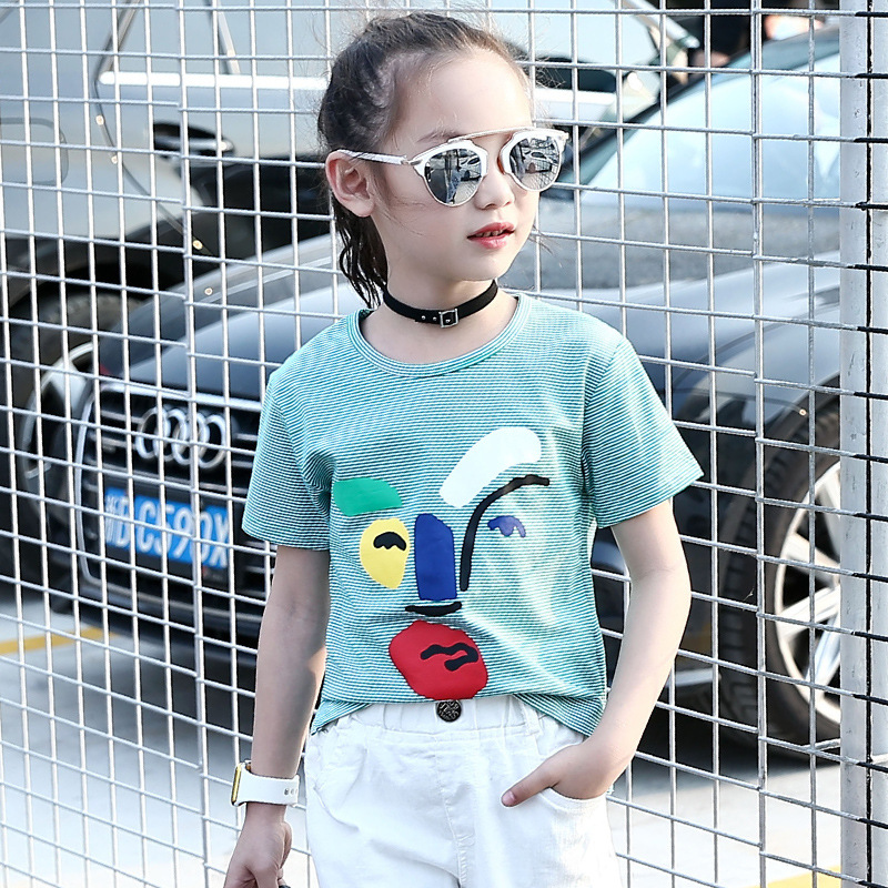 Children Summer Striped T-Shirts For Girls Clothing Cartoon Smiling Face Kids Tees 4-12 Years