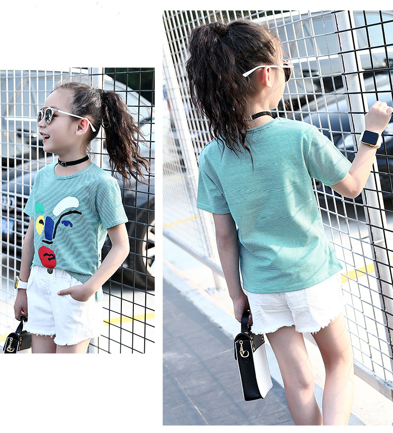 Children Summer Striped T-Shirts For Girls Clothing Cartoon Smiling Face Kids Tees 4-12 Years